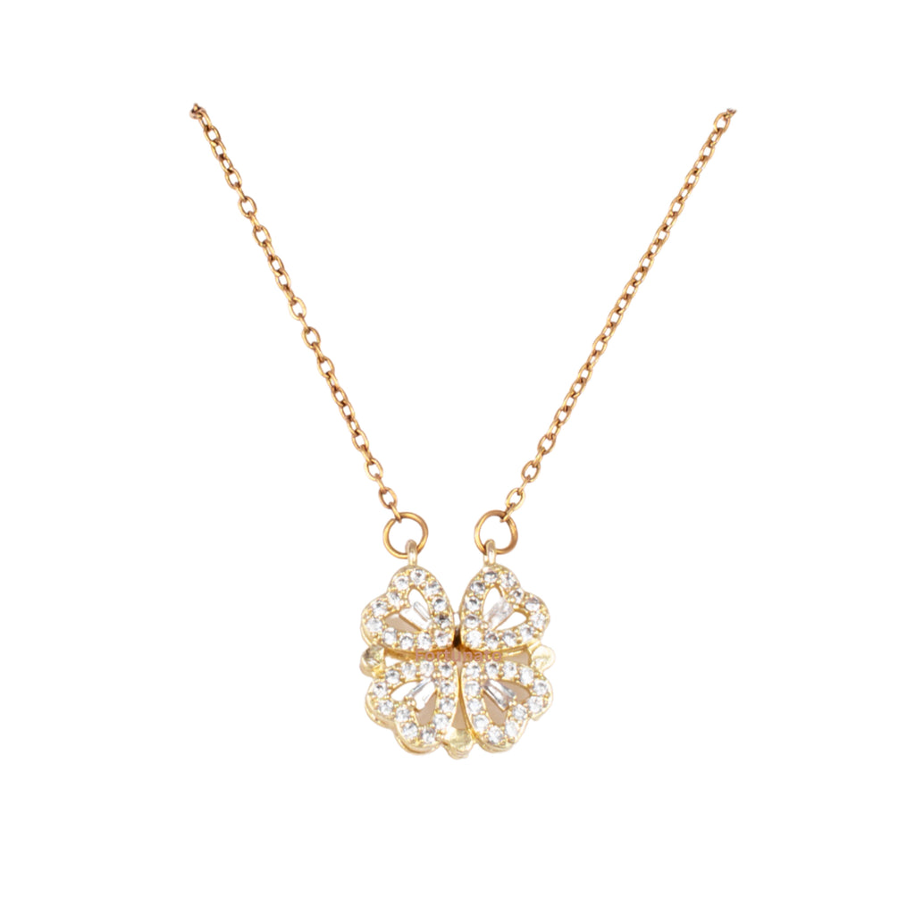 Gold CZ Clover, Love heart 2 in 1 Necklace