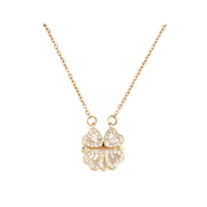 Gold CZ Clover, Love heart 2 in 1 Necklace