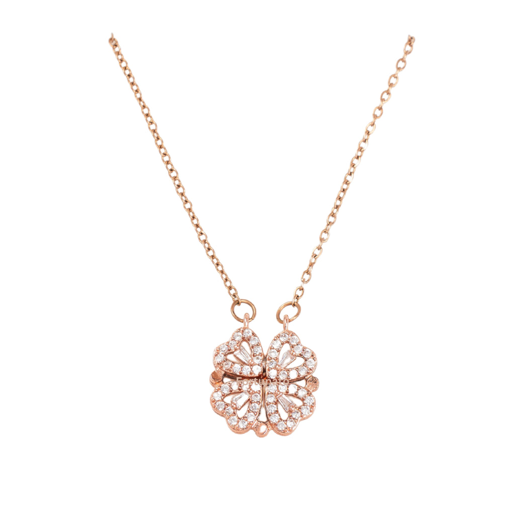 Rose Gold CZ Clover, Love heart 2 in 1 Necklace