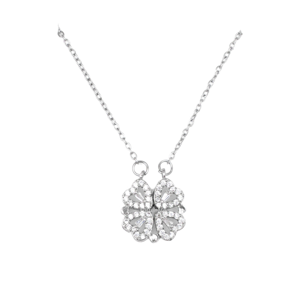 Silver CZ Clover, Love heart 2 in 1 Necklace
